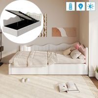 Letto singolo 90x200 cm con spazio di stoccaggio e striscia LED, divano letto, stile scandinavo, letto contenitore in velluto, Beige