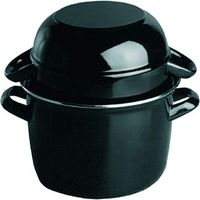 Pentola per cozze APS, pentola per servire cozze da 1,5 kg, pentola per frutti di mare, pentola per servire cozze, pentola per cozze in acciaio smaltato nero, capacità: 3,3 litri, coperchio: 1,6 litri