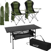 Hauki Campingmöbel Set 3tlg., Campingtisch faltbar Schwarz mit 2 Campingstühlen Khaki, Camping-Set für 2 Person mit Tragetasche, Alu Klapptisch mit 2 Angelstuhl, Sitzgarnitur Sitzgruppe Gartenmöbel