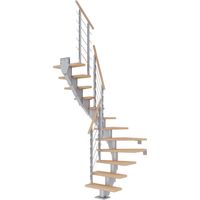 Dolle Mittelholmtreppe Frankfurt 1/2 gewendelt Eiche weiß, geölt 65 cm breit für GH 222 – 258 cm UK Metall Perlgrau mit Geländer