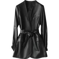 Veste légère en similicuir pour femme avec ceinture et col en V profond