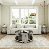 80cm Modern Black Glass Coffee Table,Luxury Living Room Tables with Double Glass Top,Round Cofe Table with Silver Steel Base,Sofa Table Glass Circle Top,Center Table for Living Room/Home/Office