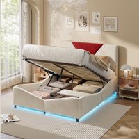 JOOKGBD-Polsterbett 140x190 cm mit Stauraum,Doppelbett 140x190 cm mit LED,Stauraumbett,Jugendbett mit Lattenrost und Gepolstertes Kopfteil,für Erwachsene und Jugendliche,Samtstoff,Beige