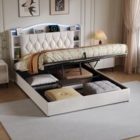 JOOKGBD-Letto Contenitore 160x190 cm con LED e USB,Letto Matrimoniale con Testiera Imbottita e Ripiano Nascosto,Ripiani Aperti,Velluto,Beige,Rete a Doghe Inclusa