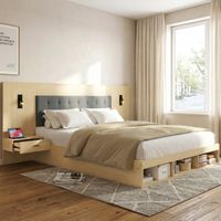 Cama con espacio de almacenamiento de MDF color roble claro 160x200 cm con USB, Type-C, lámparas y 2 mesitas