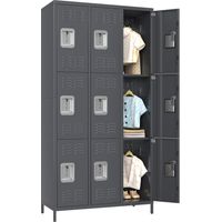 Armoire de rangement en métal verrouillable, avec 9 compartiments et trous de ventilation - Coffre de sécurité pour entreprises, écoles, salles de sport et bureaux - Gris foncé
