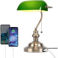 JCPYIUL grüne Glas Banker Schreibtischlampe retro mit USB A und Type C Zugkettenschalter