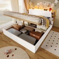 Bett Doppelbett Stauraum 140x200 mit LED Weiß Natur OKMYHOME
