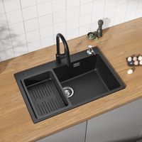 Cecipa Lavello Cucina 70x45 cm Nero con Piletta e Dispenser Sapone, Lavello 1 Vasca in Quarzo e Resina Grande Capacità