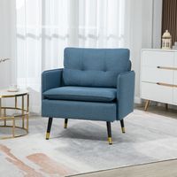 Fauteuil scandinave dossier capitonné avec passepoil en tissu, 72x70x80cm, bleu, pieds en métal noir et doré