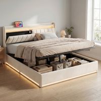 Lit coffre 160x200 cm avec sommier, éclairage LED RGB & prises USB/Type-C, lit double hydraulique, tête de lit avec rangement Intégré, velours, Beige