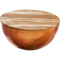 Table bassa TRIANE 60 cm con vano contenitore – Piano in legno di acacia e struttura in alluminio rame martellato