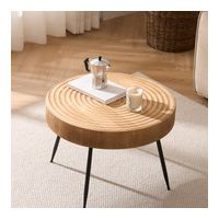 Table d'appoint ronde en bois, design linéaire, ø60×42 cm, pieds en métal noir, meuble style campagne moderne