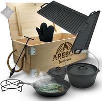 Arebos – Set de cuisson en fonte pour barbecue – Caisse en bois 55x34x21cm – Gants de protection inclus – Capacité 3,6L à 5,55kg