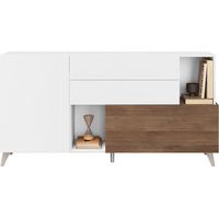 CARLO - Buffet 2 portes 2 Tiroirs Laqué Blanc et Aspect Bois Finition Mercure