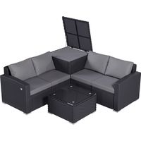 HOMAVO Salon de Jardin comprenant : canapé, table basse, coffre de rangement et housse de protection, conçu pour jardin, balcon et terrasse.