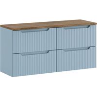 Conjunto de baño suspendido VANO azul denim y roble 120cm: muebles bajo lavabo con cajones + encimera para lavabo