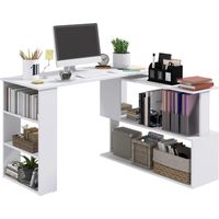 Corner Computer Desk, L Shaped Desk with 360° Rotating Bookshelf, 120L x 110W x 74.5H cm, White