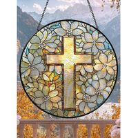 Attrape-soleil en vitrail 30cm croix et feuille, art vitré pour décoration chrétienne