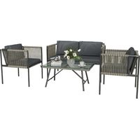 Set Salotto da Giardino in Rattan con 2 Poltrone, Divanetto 2 Posti e Tavolino da Caffè in Vetro, Grigio