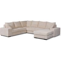 Canapé panoramique convertible 5 places – Velours côtelé beige – Couchage 290 x 142 cm – Méridienne droite avec coffre de rangement – Alcos