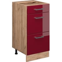 Mueble bajo de cocina R-Line, Rojo Burdeos alto brillo, 40 cm con cajones, sin encimera, Vicco