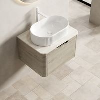 Mueble baño ovalado con cajón y travertino cerámico OKMYHOME