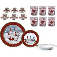 Servizio di piatti completo di Bicchieri e Tazzine per 6 posti Tavola di natale con Motivi Natalizi babbo natale con cappello gnomi rossi addobbi idea Regalo