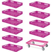 BRB 10 Eurobehälter, LxBxH 600x400x90 mm, Industriequalität, lebensmittelecht + 1 Transportroller (pink/pink)