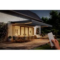 Store banne motorisé à LED semi-coffre gris FAZZIO 5x3m toile grise