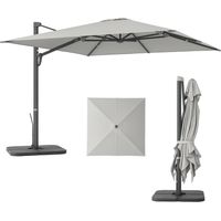 Ombrellone a Sbalzo con Manovella e Base a Croce, in Poliestere, Alluminio e Metallo, 365x297x256 cm, Grigio Chiaro