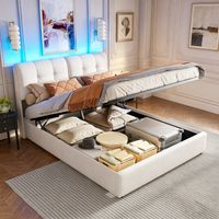 Großes hydraulisches Stauraumbett 140 x 200 cm, weicher Samtbezug, gepolstertes Kopfteil, 7-farbige LED-Beleuchtung, viel Stauraum, modernes Design, Erwachsenenbett