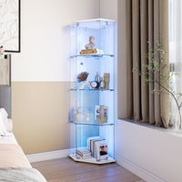 Vitrina de esquina pentagonal 60x44,5x162 cm, mueble vitrina de vidrio templado 4 niveles con LED regulable, armario vitrina cerrable con llave con estantes removibles, base blanca