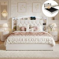 Cama canapé 160x190 cm, cama doble 160x190 cm en terciopelo, con somier de láminas, cabecero LED luminoso, almacenaje abierto, puertos USB y Tipo C - Beige