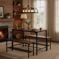 FurnitureR 110cm Dining Table with 2 Benches Sets, Set of 3, Steel Frame and Wood, Ruatic Brown Industrial Style, for 4 People Kitchen, Restaurant, Brown