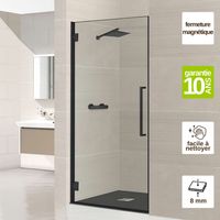 Porte de douche charnières gauche - Paroi de douche L.80 x H195 cm - Verre trempé 8mm transparent anti calcaire - Noir Mat - SUPERBAN