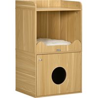 Pawhut – Maisonnette pour chat 60x45x103cm – Cache-litière en bois chêne – Meuble 3 niveaux avec coussin – Entrée porte 20cm