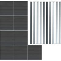 Kit Clôture 9 Panneaux Composite Plastique Gris 10 Lames à Emboîter 185 cm H x 1564cm L & 9 Poteaux en Aluminium à LED Solaires Texture de Bois Reversible PVC Brise-Vue Extérieur Jardin Mur d'Intimité