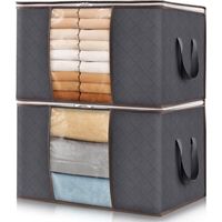 Juego de 2 cajas de almacenamiento plegables con tapa y ventana transparente para mantas, para armario, con asas reforzadas para ropa y ropa de cama, color gris.