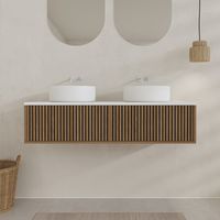 Mueble de Baño 120cm Acanalado Roble y Negro - Encimera y Lavabos Blancos