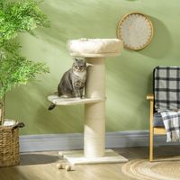 Arbre à chat griffoir en sisal naturel, 2 plateformes, panier d'observation, jeu avec boule suspendue en peluche, beige