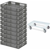 BRB 10 Eurobehälter, LxBxH 600x400x90 mm, Industriequalität, lebensmittelecht + 1 Transportroller (grau/weiß)
