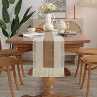 Boho Table Runner for Home Decor Farmhouse Table Runner Cream & Brown Rustic Macrame Table Runner with Tassels for Bohemian Dining Bedroom Decor Bridal Shower