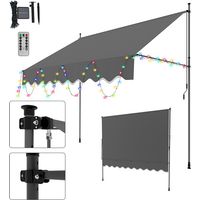 Randaco Klemmmarkise mit LED 300x120cm Balkonmarkise, UV-beständig 50+ höhenverstellbar Sonnenschutz ohne Bohren für Terrasse und Balkon Grau