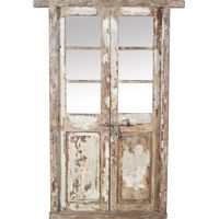 Old and antique medieval solid wood and iron door for interior or exterior use with frame and glass