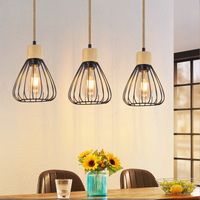 GBLY Lámpara colgante vintage para mesa de comedor, de metal, estilo retro, de 3 luces, color negro, con cuerda de cáñamo y madera industrial, E27 (sin bombilla).