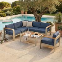 Salon 6 de jardin places en alu crème et bois, housse bleue