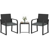 Conjunto de Muebles de Jardín de Ratán Sintético con 2 Sillas con Cojines y Mesa con Tablero de Vidrio Gris