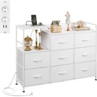 Irovami Commode 8 tiroirs – 2 prises + 2 USB, structure acier 15 mm, charge 68 kg – Blanc – Pour chambre, salon, entrée, chambre enfant
