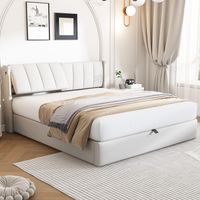 Letto per adulti per 2 persone 140x190cm LED-USB Letto matrimoniale imbottito Letto contenitore Testiera regolabile Pelle PU sollevabile Bianco